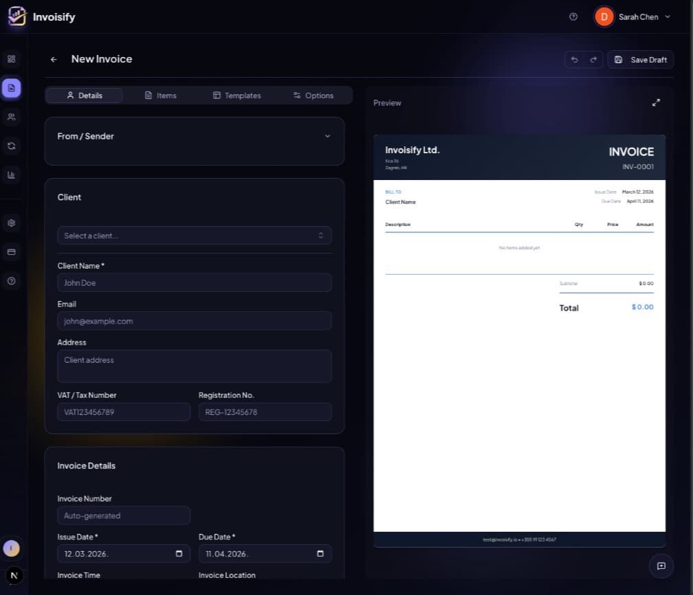 Create a new invoice with live preview, client details, and line items