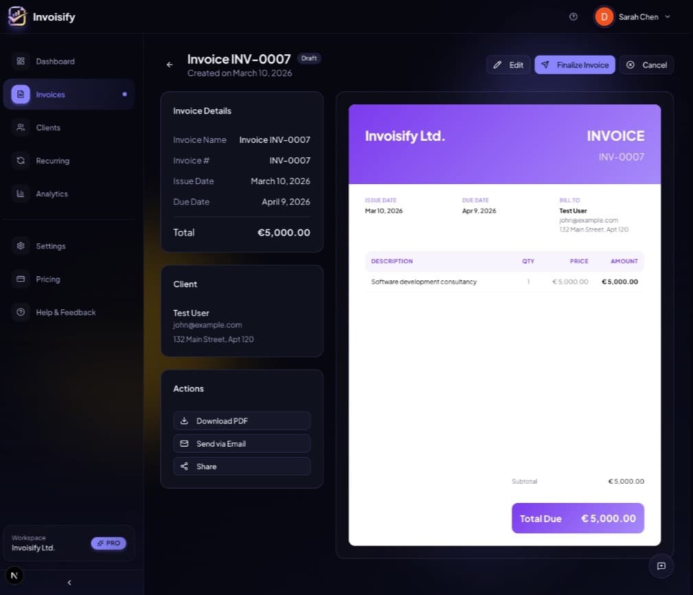 Invoice detail view with PDF preview, download, email, and share actions