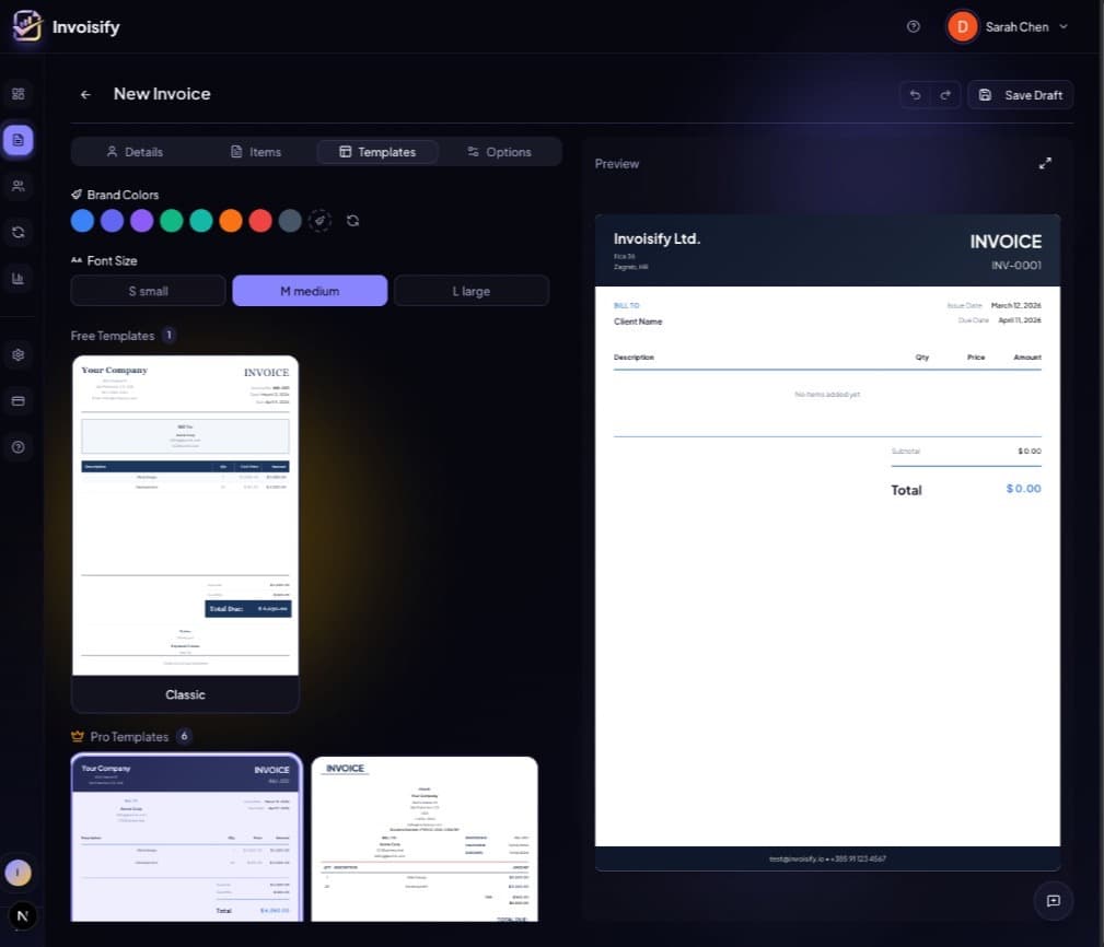 Choose from professional invoice templates with brand color customization